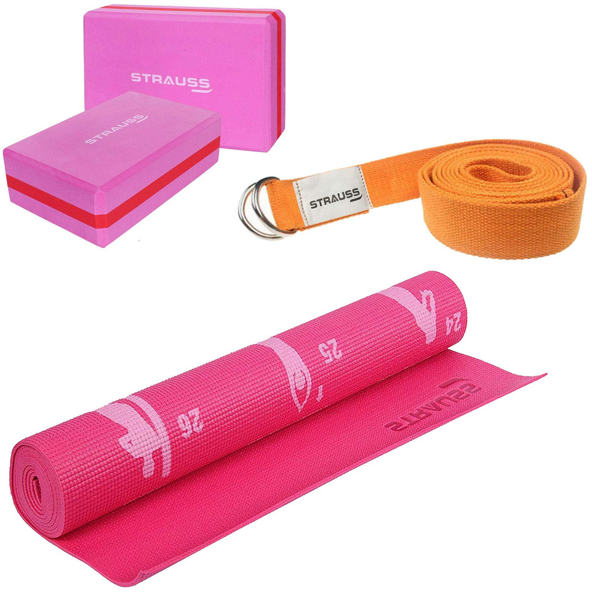 Strauss Yoga Mat 4mm Pink (Yogasana), Yoga Block Dual Color (Pink)  Pair and Yoga Belt (Orange)