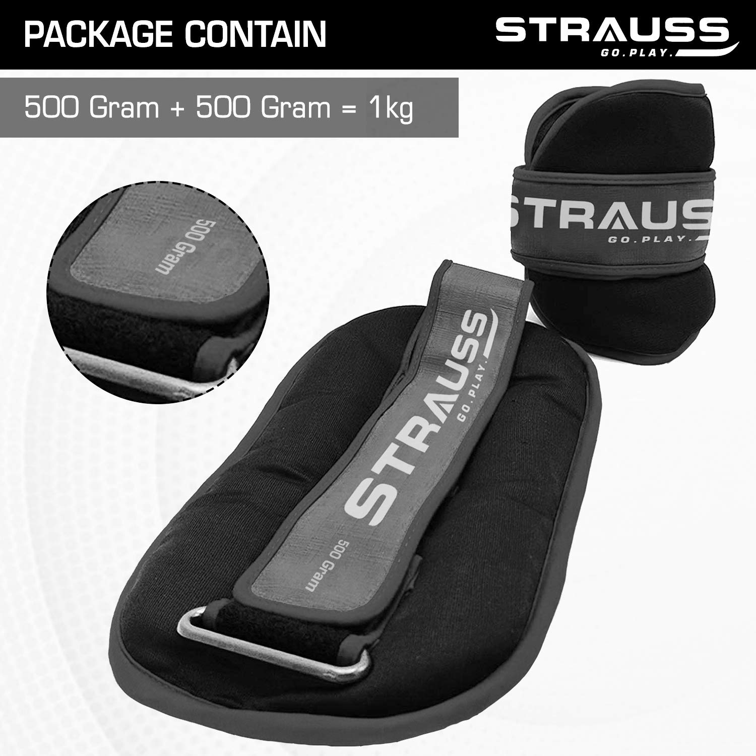 Strauss Round Shape Adjustable Ankle Weight/Wrist Weights 0.5 KG X 2 | Ideal for Walking, Running, Jogging, Cycling, Gym, Workout & Strength Training | Easy to Use on Ankle, Wrist, Leg, (Black)