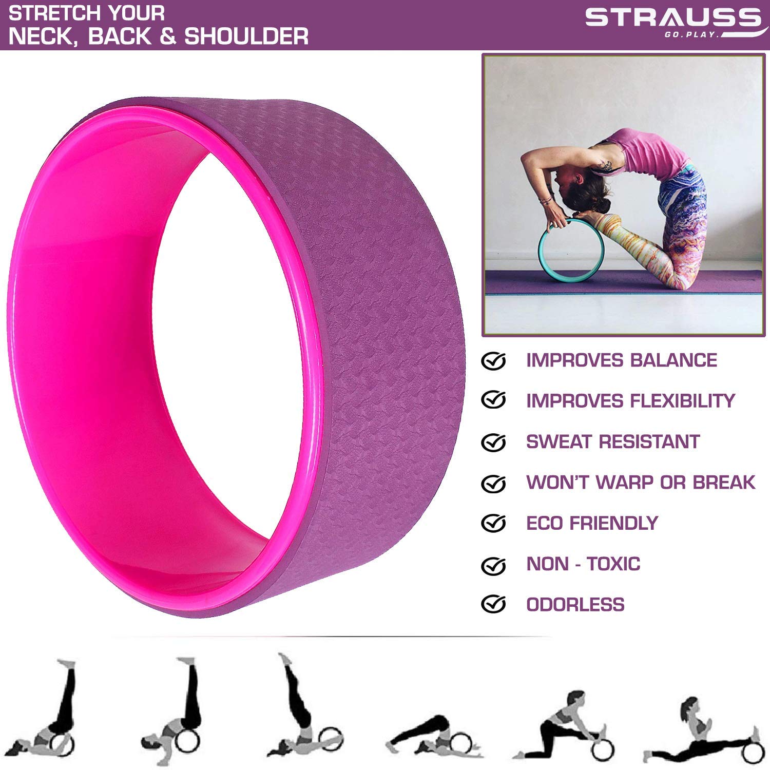 Strauss Grid Foam Roller, 33cm (Purple) and Yoga Wheel (Purple)
