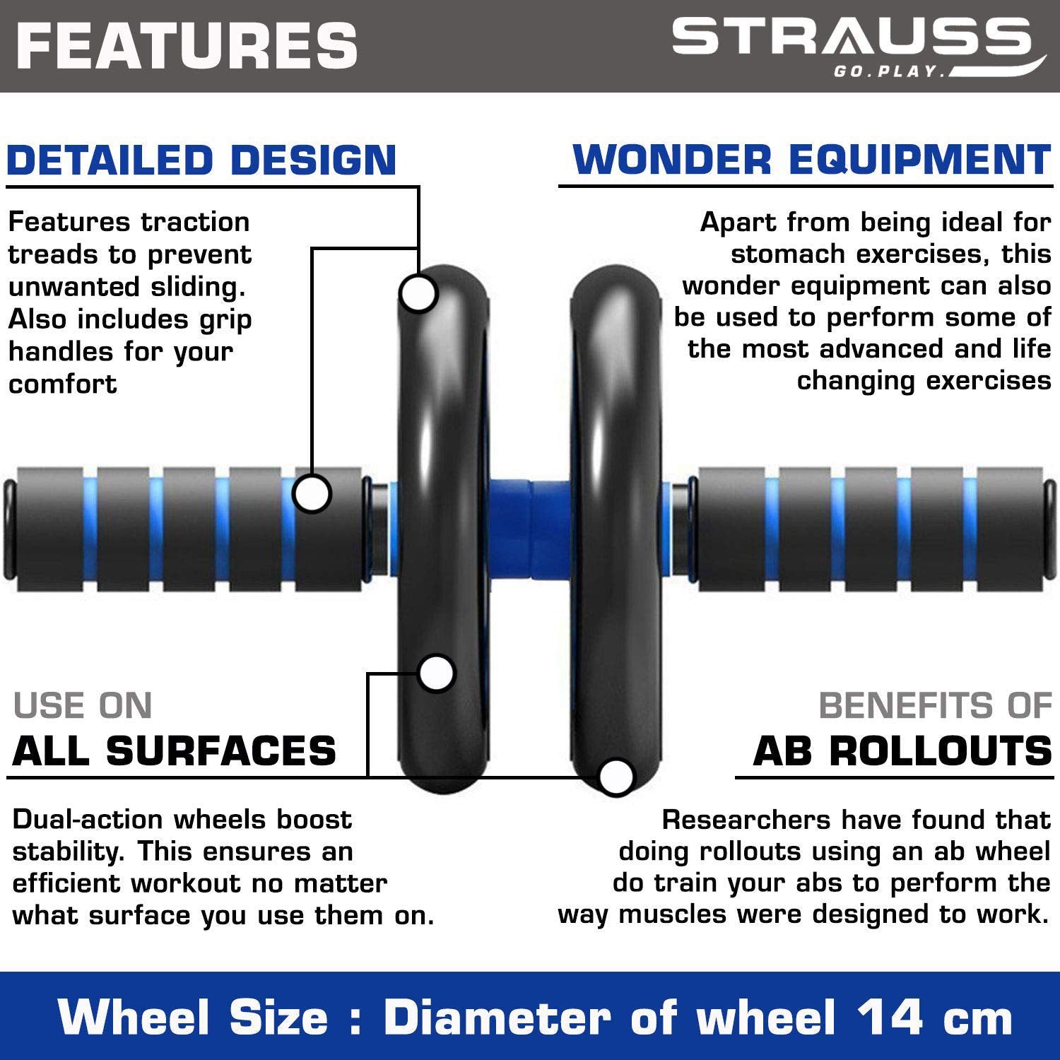 Strauss Double Wheel Ab Exerciser with Knee Pad With Hand Grip