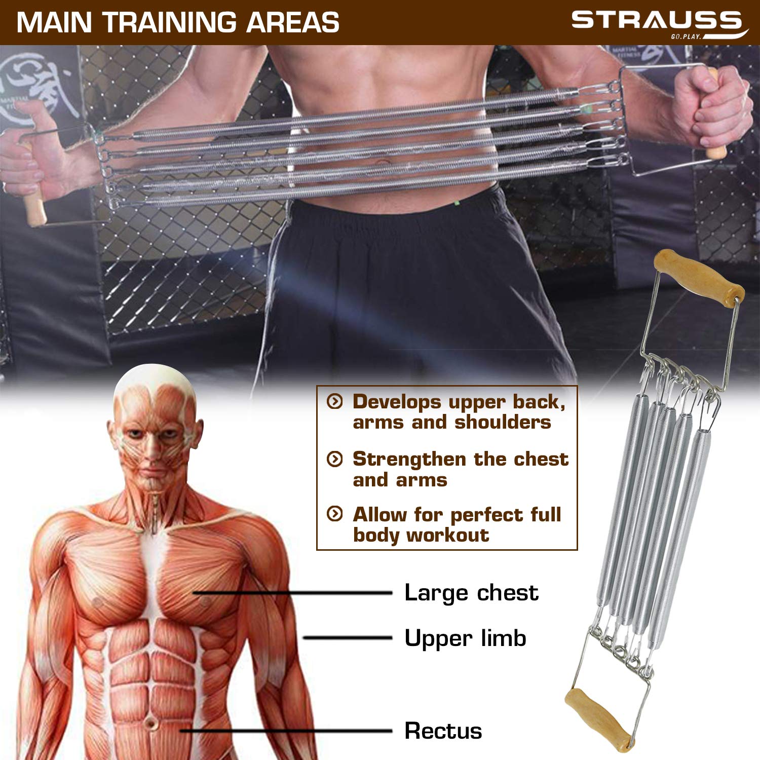 Strauss Chest Expander with 5 Springs, Wrist Exerciser, Black and Adjustable Hand Grip Strengthener, (Grey/Black)