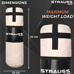 Strauss Canvas Heavy Duty Filled Gym Punching Bag | Comes with Hanging S Hook, Zippered Top Head Closure & Heavy Straps | 4 Feet, (Cream/Black)