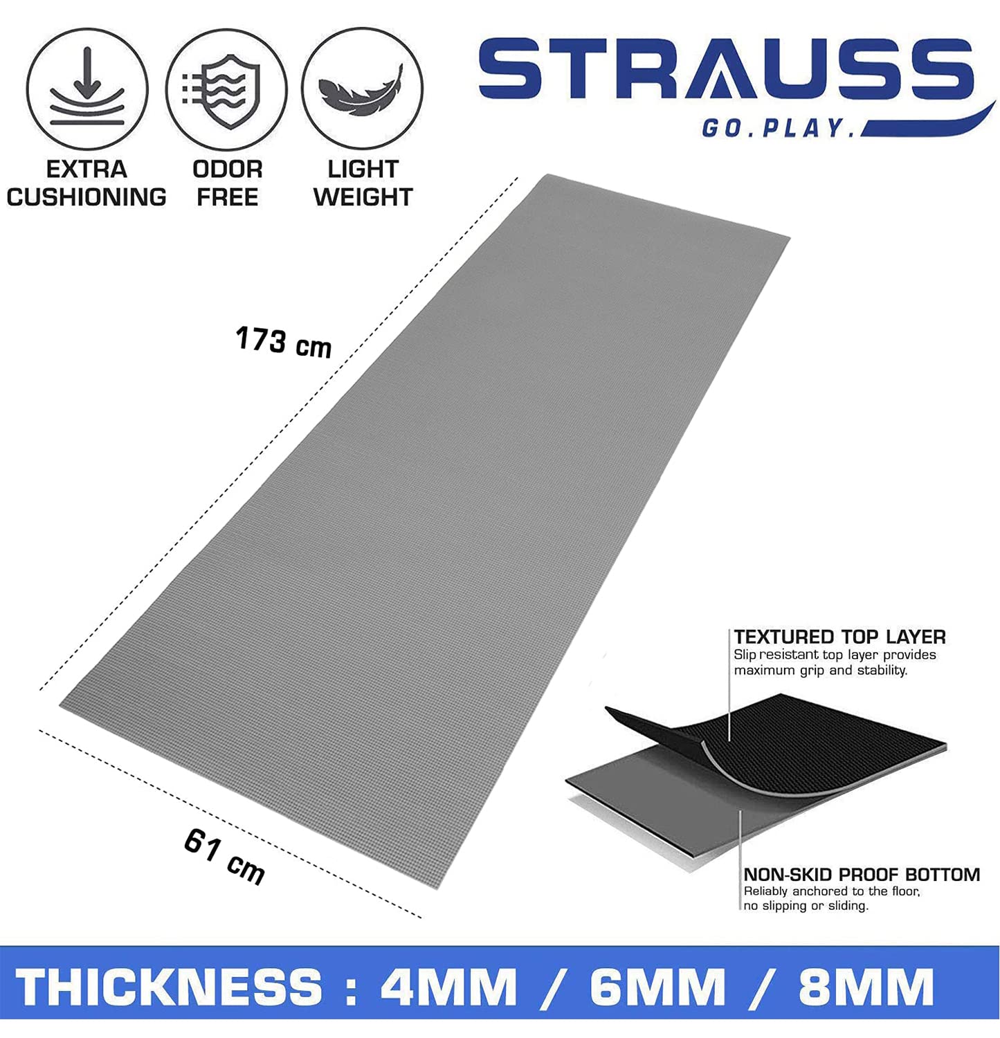 Strauss Extra Thick Yoga Mat with Carrying Strap, 13 mm (Blue)