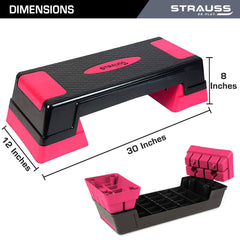 Strauss High Rise Aerobic Stepper | Two Height Level Adjustments - 6 inches and 8 inches | Slip-Resistant & Shock Absorbing Platform for Extra-Durability - Supports Upto 200 KG, (Pink)