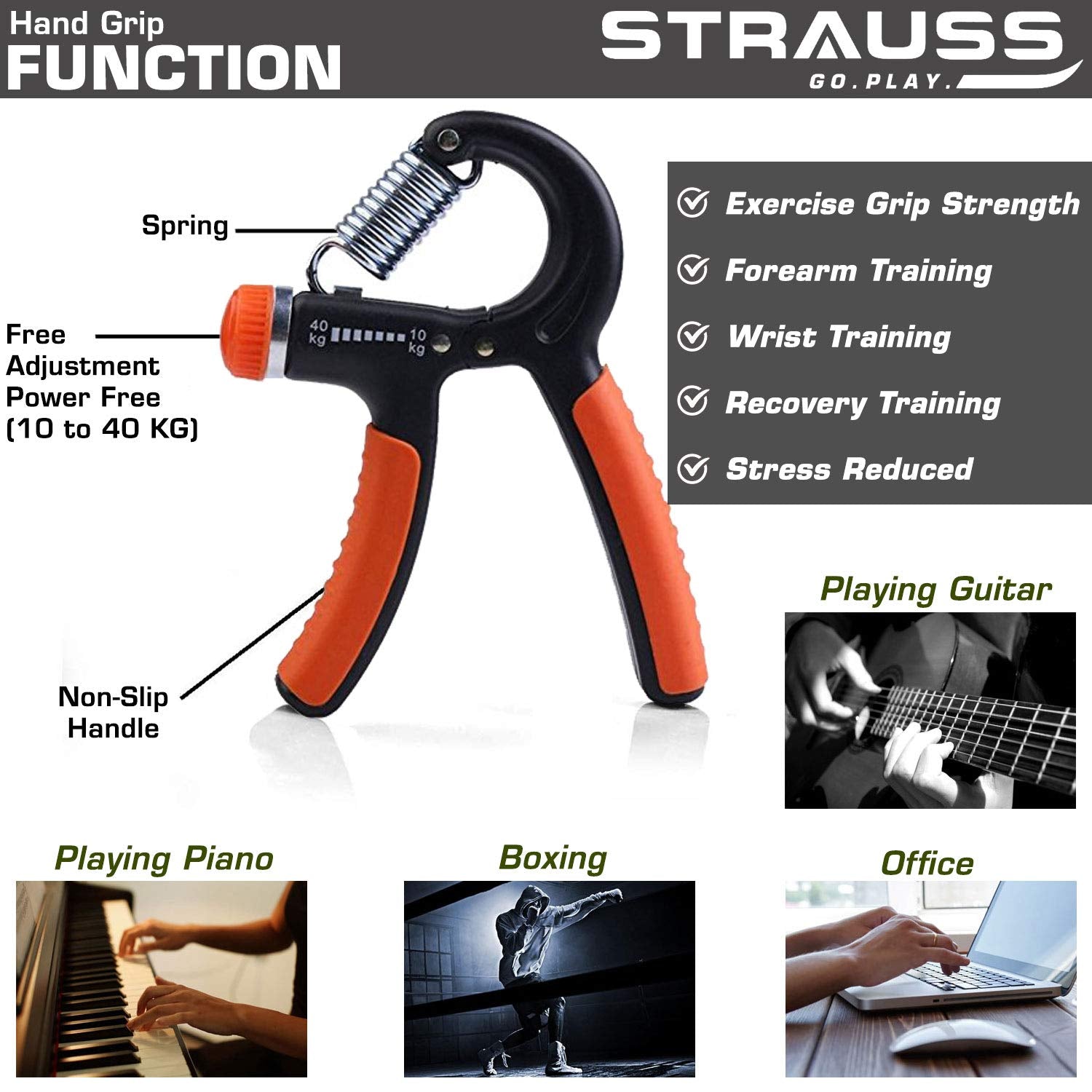 Strauss Adjustable Spring Hand Exerciser | Finger Exerciser| Hand Grip Strengthener for Men & Women (Multicolor) (‎Combo with Hand Grip,)