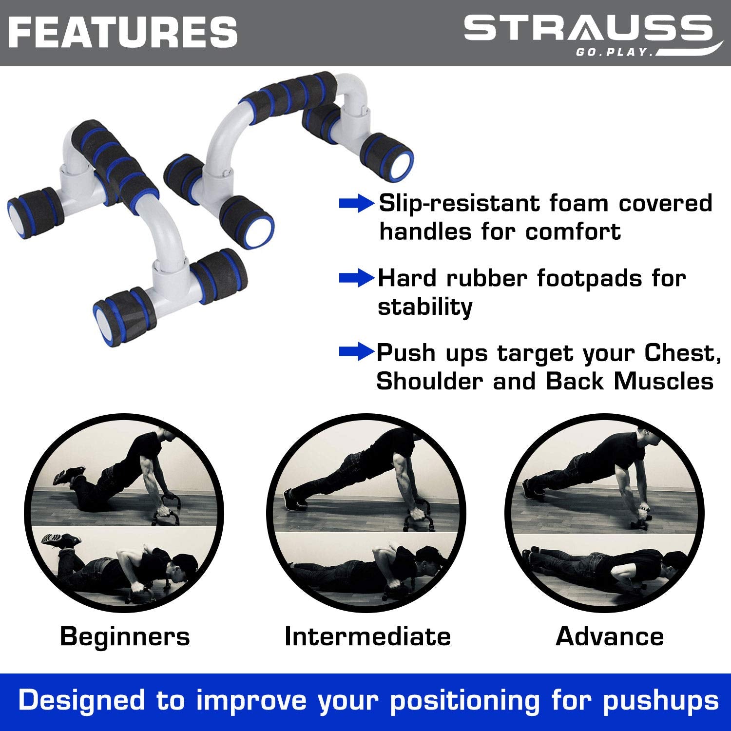 Strauss Moto Push up Bar, Pair (Black/Blue) and Double Exercise Wheel (Blue)