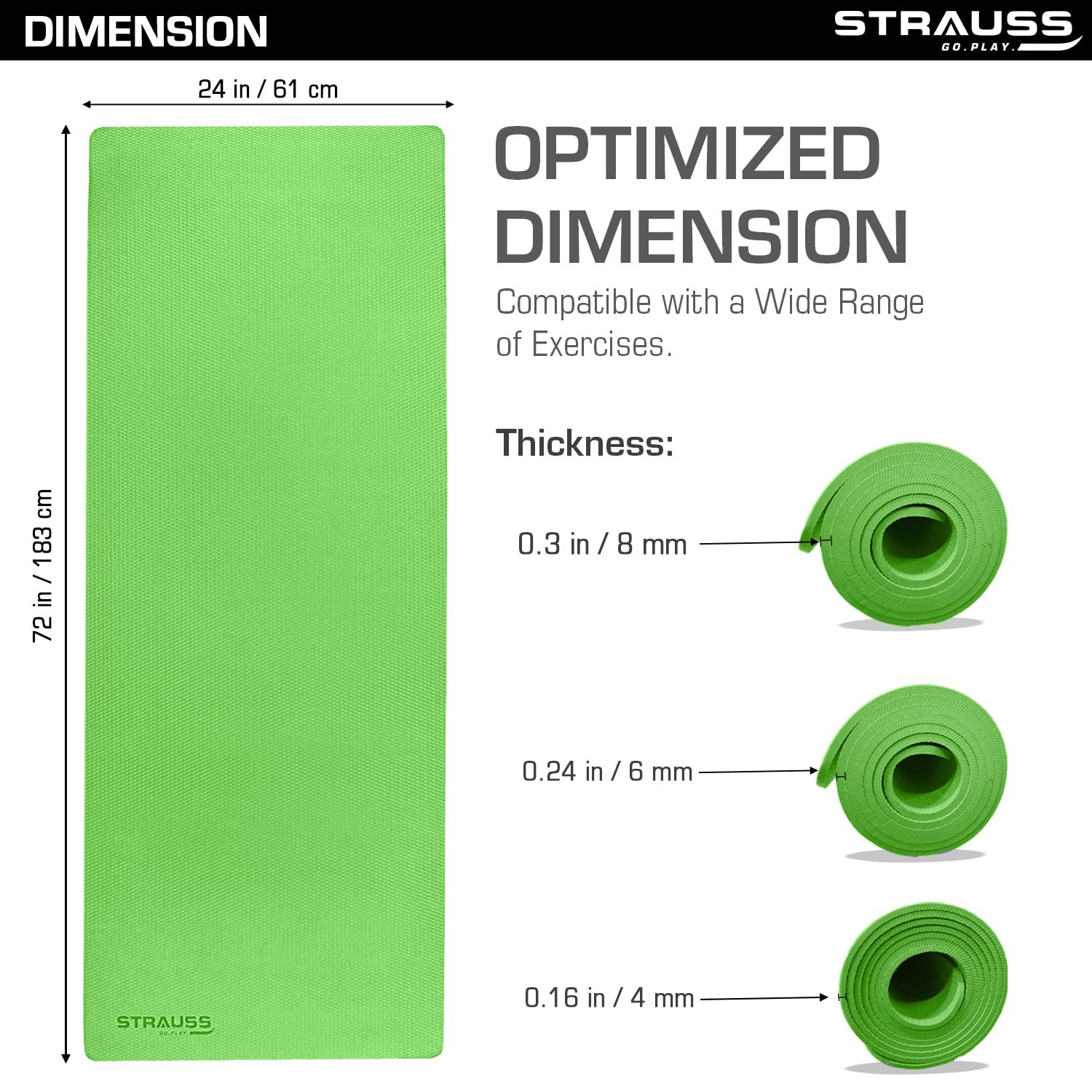 Strauss Anti Skid EVA Yoga Mat with Carry Strap, 4mm, (Green)
