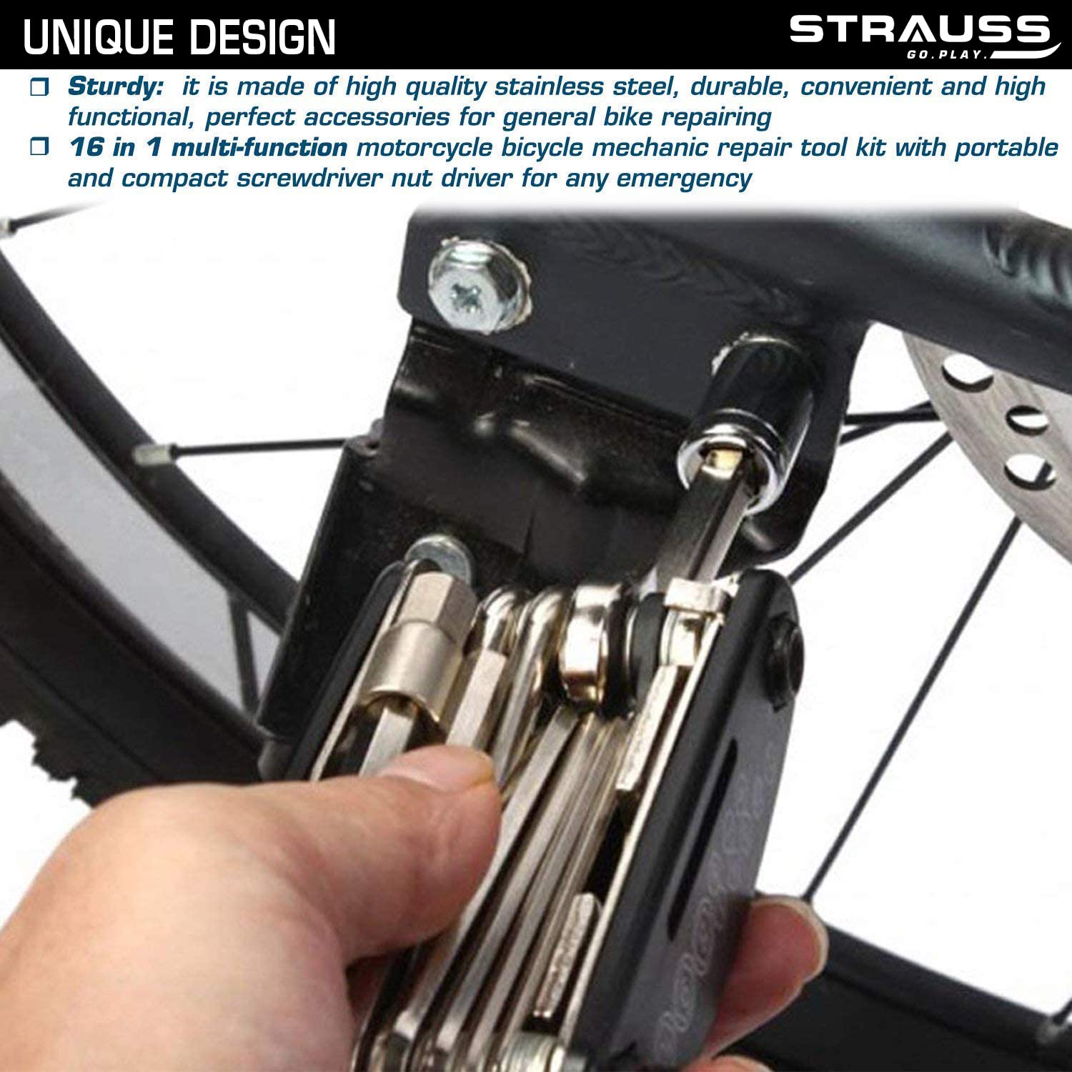 Strauss Bicycle Repair Tool Kit | 16 in 1 Multi-Functional Kit with Screwdrivers, Wrenches, Spanners, Nail Puller & Extension Rod | Portable & Compact