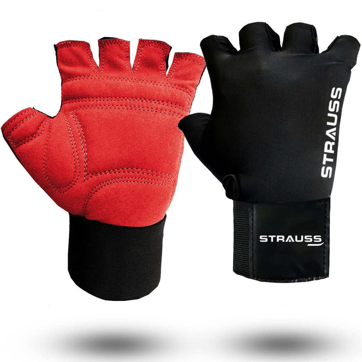 STRAUSS Suede Gym Gloves for Weightlifting, Training, Cycling, Exercise & Gym | Half Finger Design, 8mm Foam Cushioning, Anti-Slip & Breathable Lycra Material, (Red/Black), (Small)