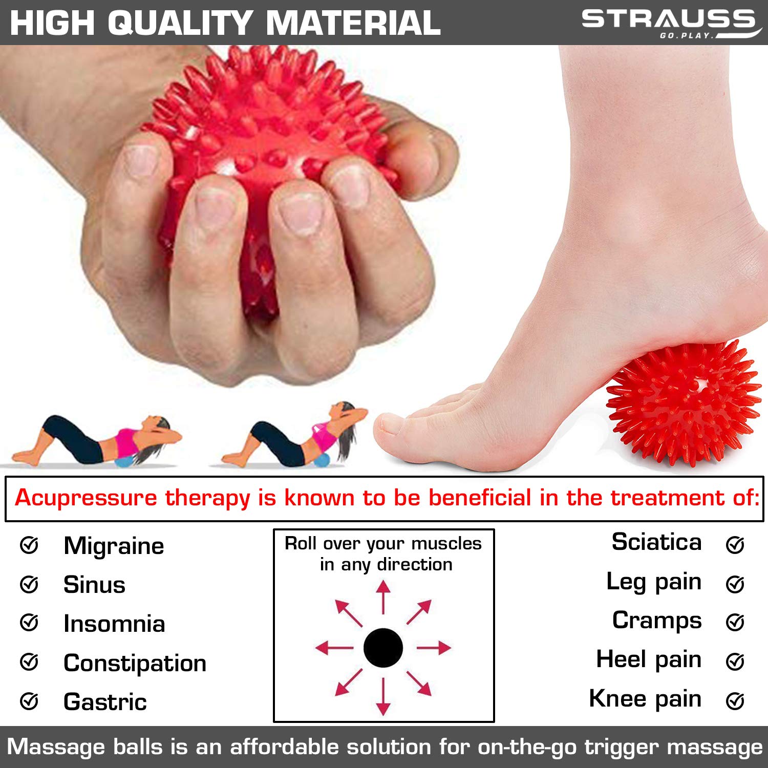 Strauss Acupressure Hard PVC Massage Ball, 2.7-Inch, (Red)