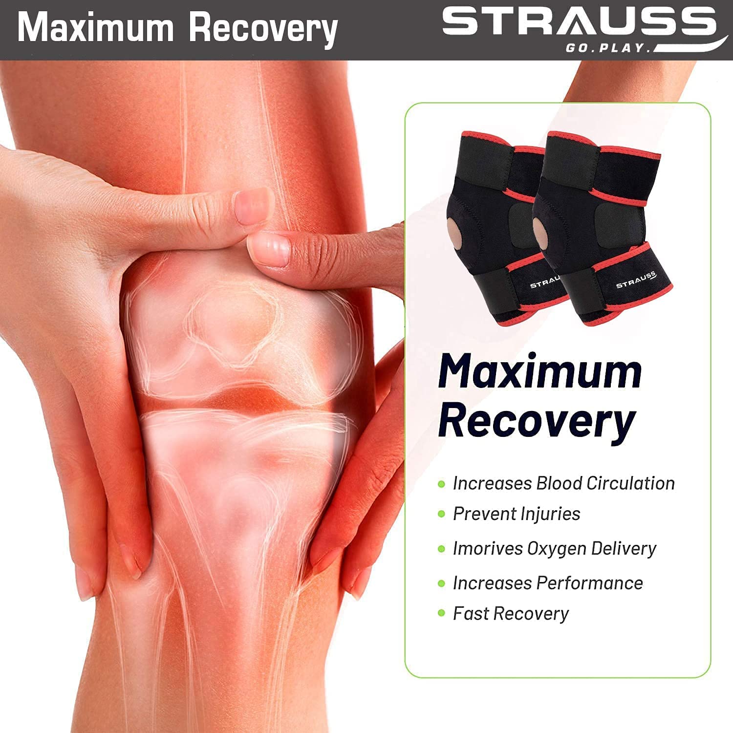 Strauss Adjustable Knee Support Patella|Knee Support for Men and Women|Knee Brace|Knee Guard |Knee Cap|Knee pain relief|Knee belt|Joint pain relief|Pair, (Free Size, Black/Red)
