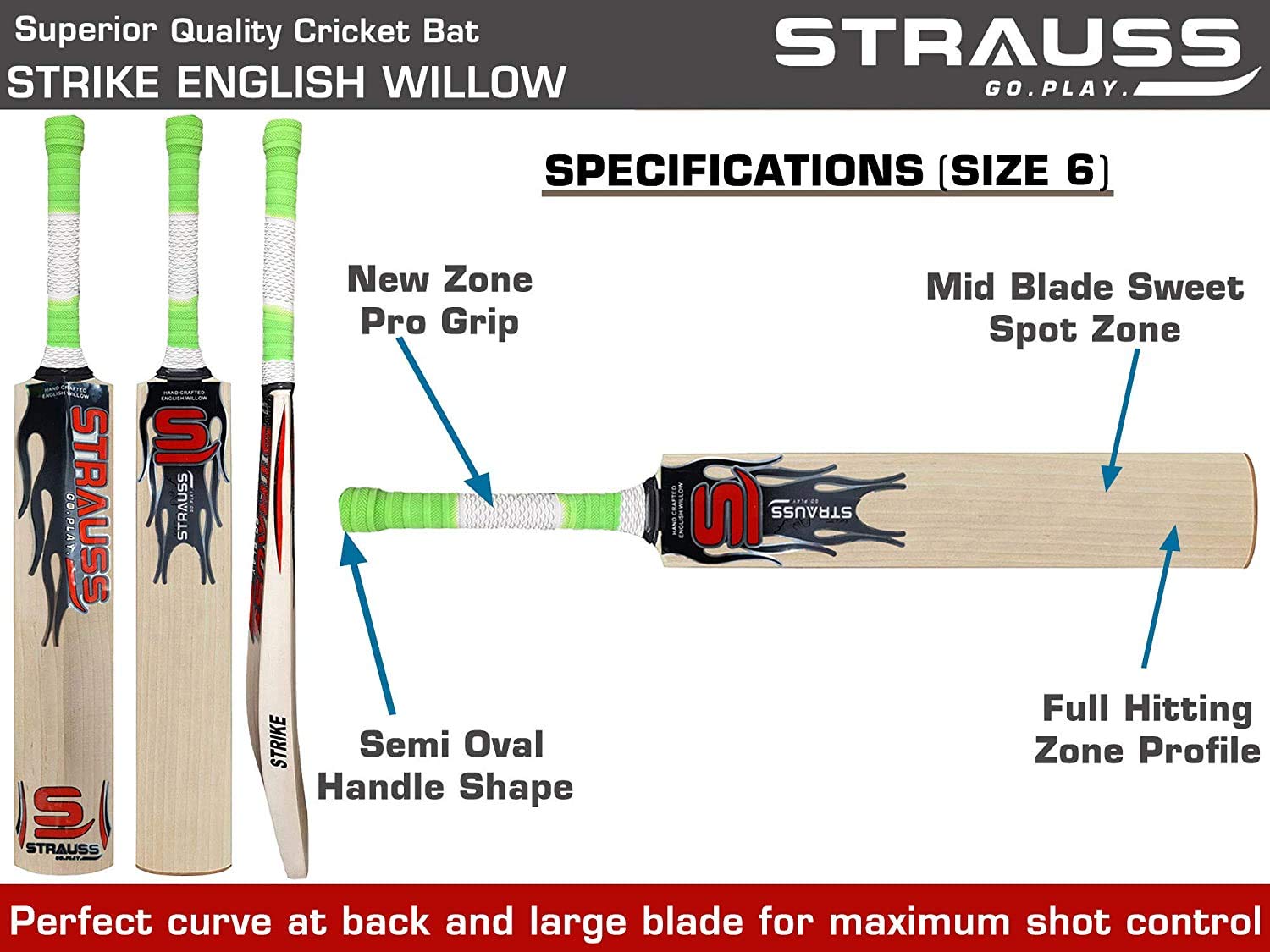Strauss Strike Premium English Willow Cricket Bat, (Size-6)