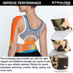 Strauss Kinesiology Sports Tape Knee, Calf & Thigh Support, (Camo Green), (Pack of 2)