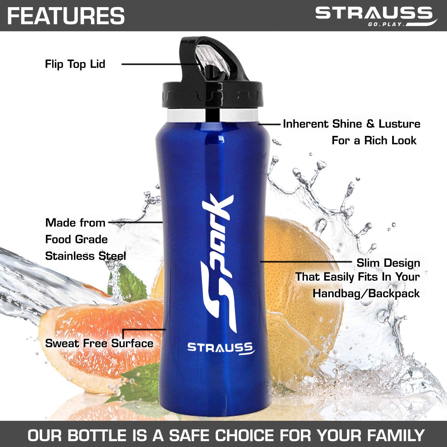 STRAUSS Spark Stainless-Steel Bottle, Metal Finish, 750 ml, (Blue)