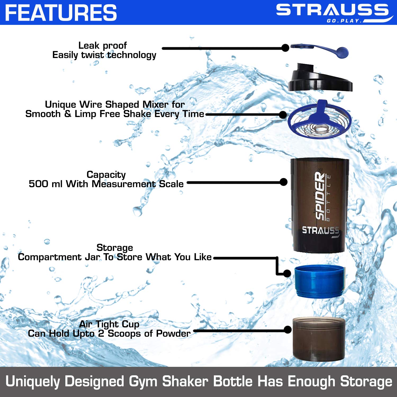 Shiker Protein Shaker With Storage 500 Ml - Black Blue