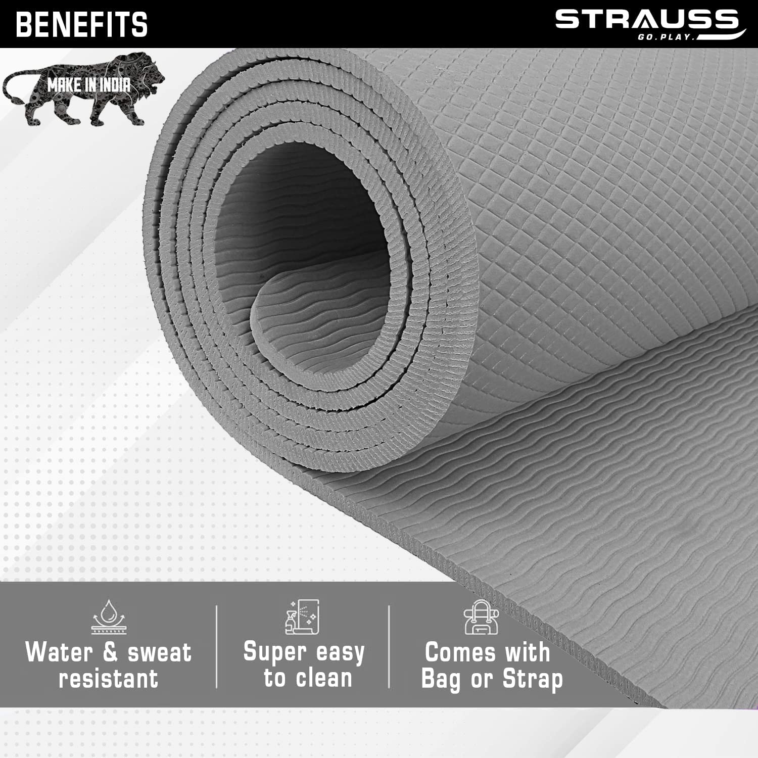 Strauss Anti Skid EVA Yoga Mat with Carry Strap, 8mm, (Grey)