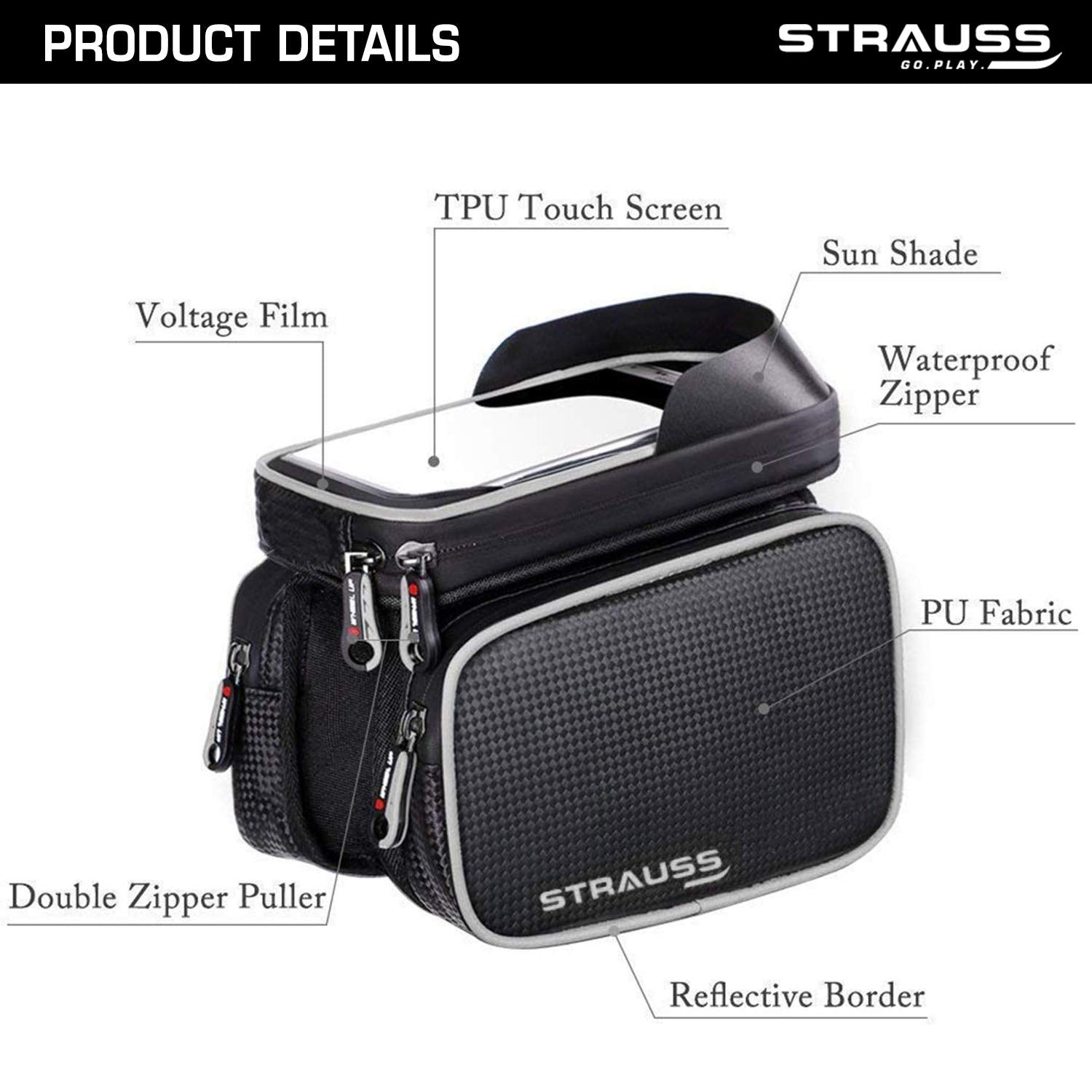 Strauss Bicycle LED Headlight with Horn and Bicycle Frame Bag, (Black)