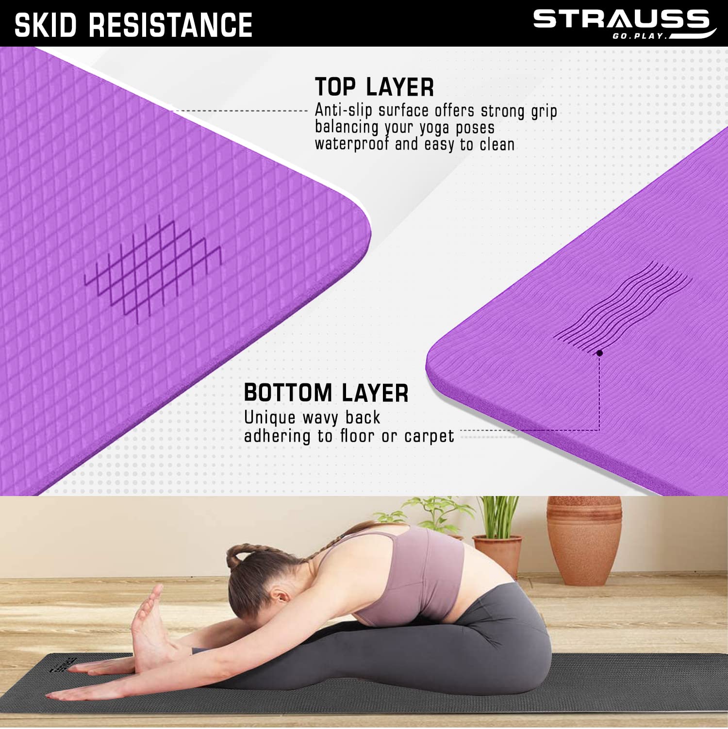 Strauss Anti Skid EVA Yoga Mat with Carry Bag, 8mm, (Purple)