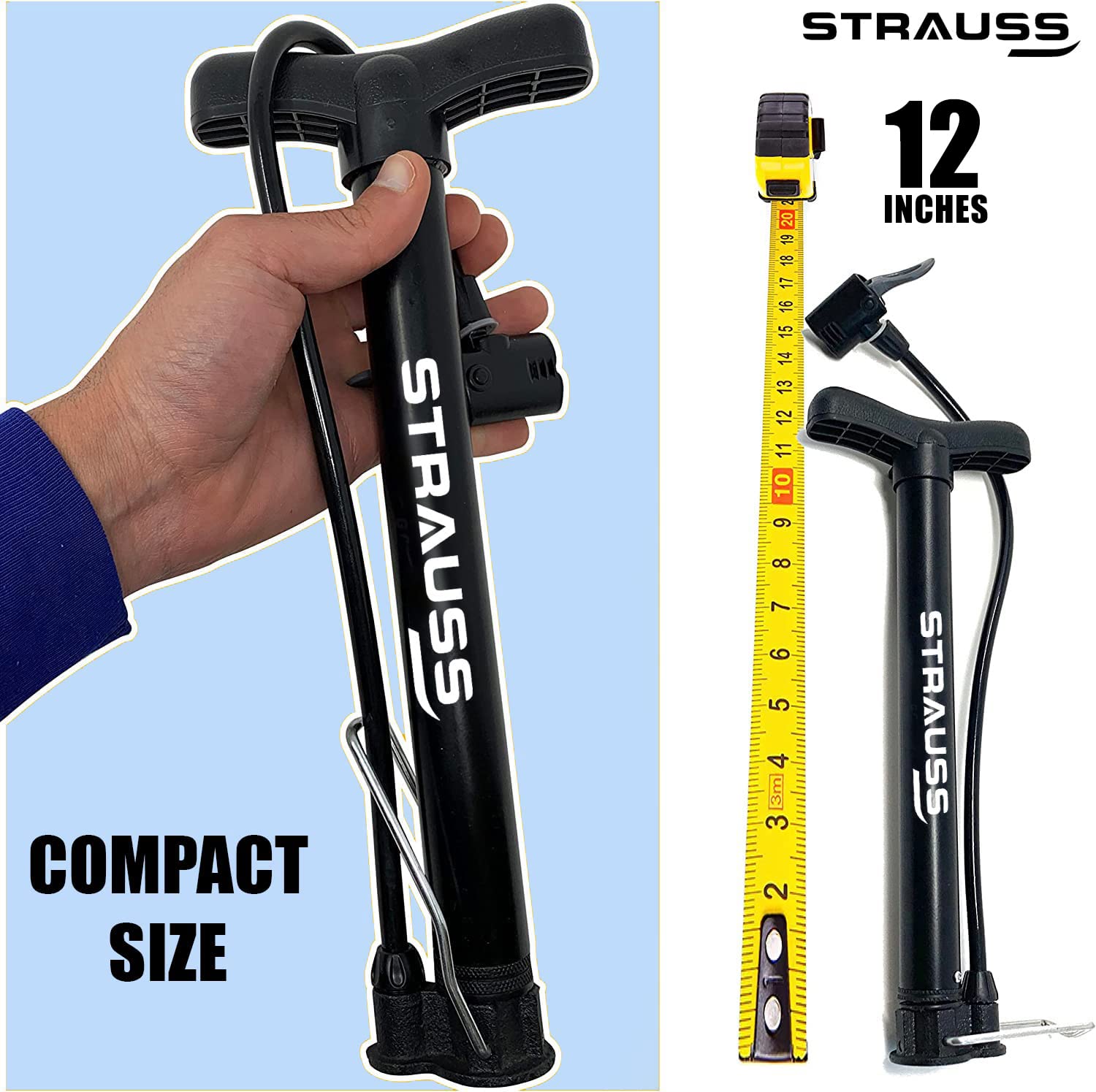 Strauss Bicycle Air Pump with Needle & Dual Valve | Portable Pump with 2 Modes, Ideal for Inflating Bicycle, Swimming Rings | Sturdy Base & Ergonomic Handle (Navy Blue)