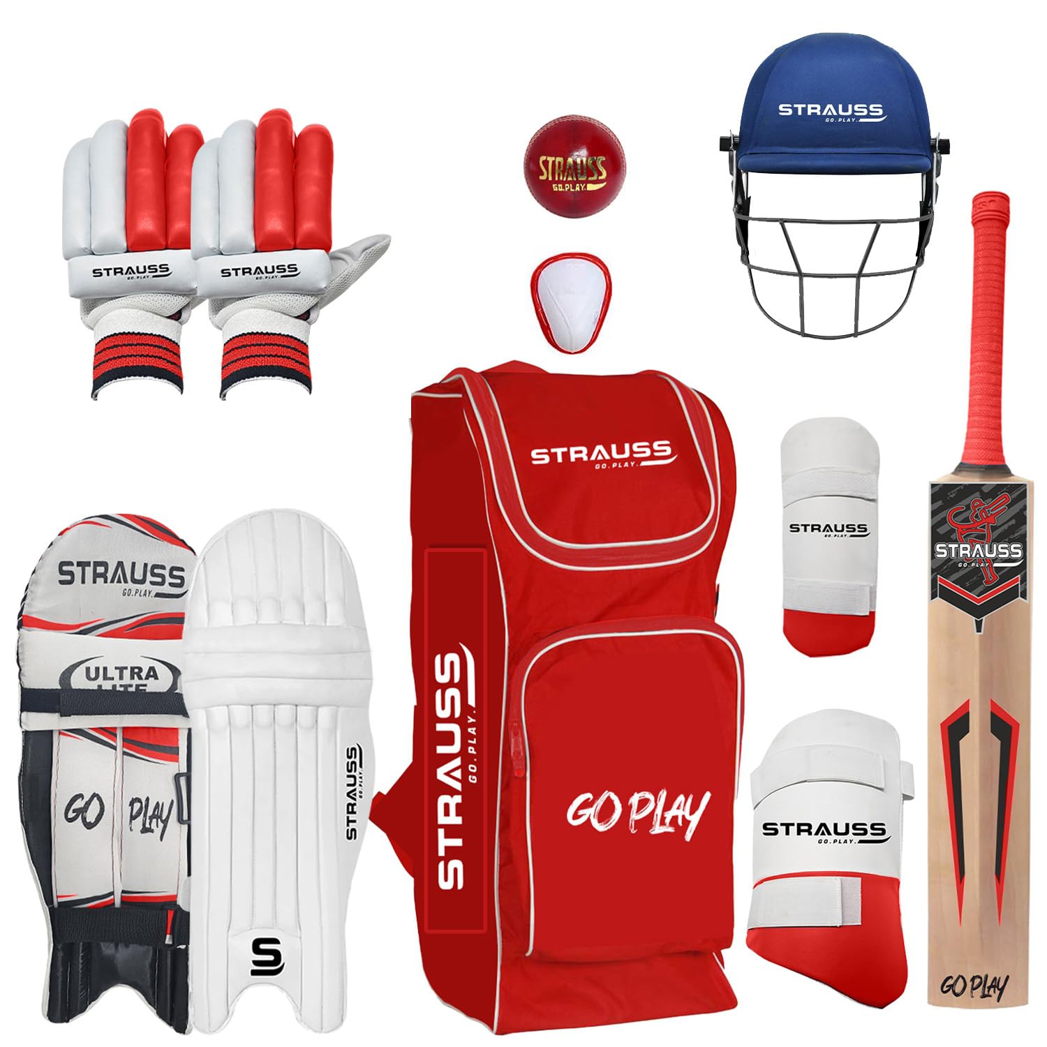 Strauss Kashmir Willow Cricket Kit Bag | Cricket Bat Set Combo with A Leather Cricket Ball| Ideal for Age Group 15+ | Set of 9 (Red) (Youth)