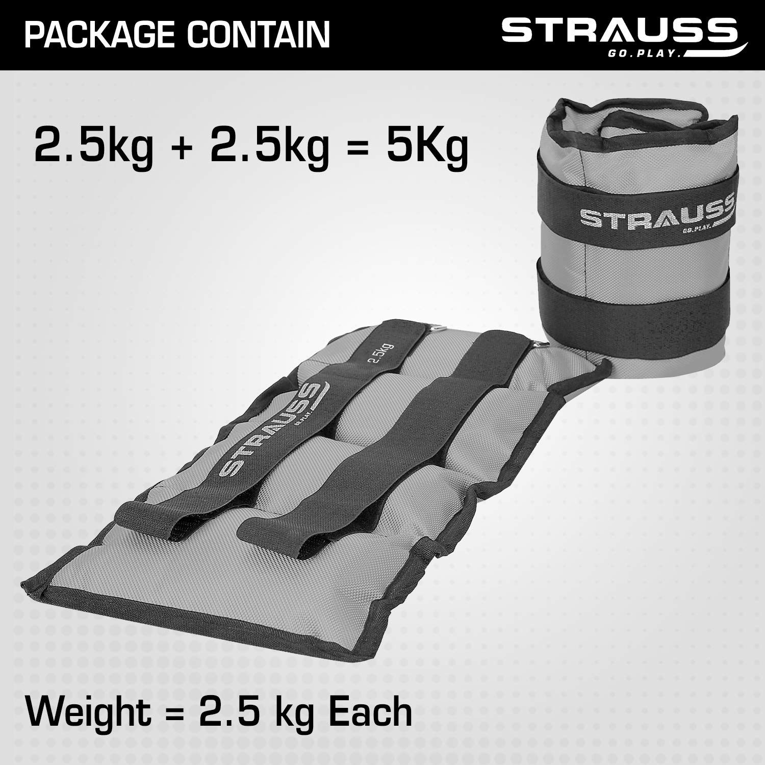 Strauss Adjustable Ankle/Wrist Weights 2.5 KG X 2 | Ideal for Walking, Running, Jogging, Cycling, Gym, Workout & Strength Training | Easy to Use on Ankle, Wrist, Leg, (Grey)