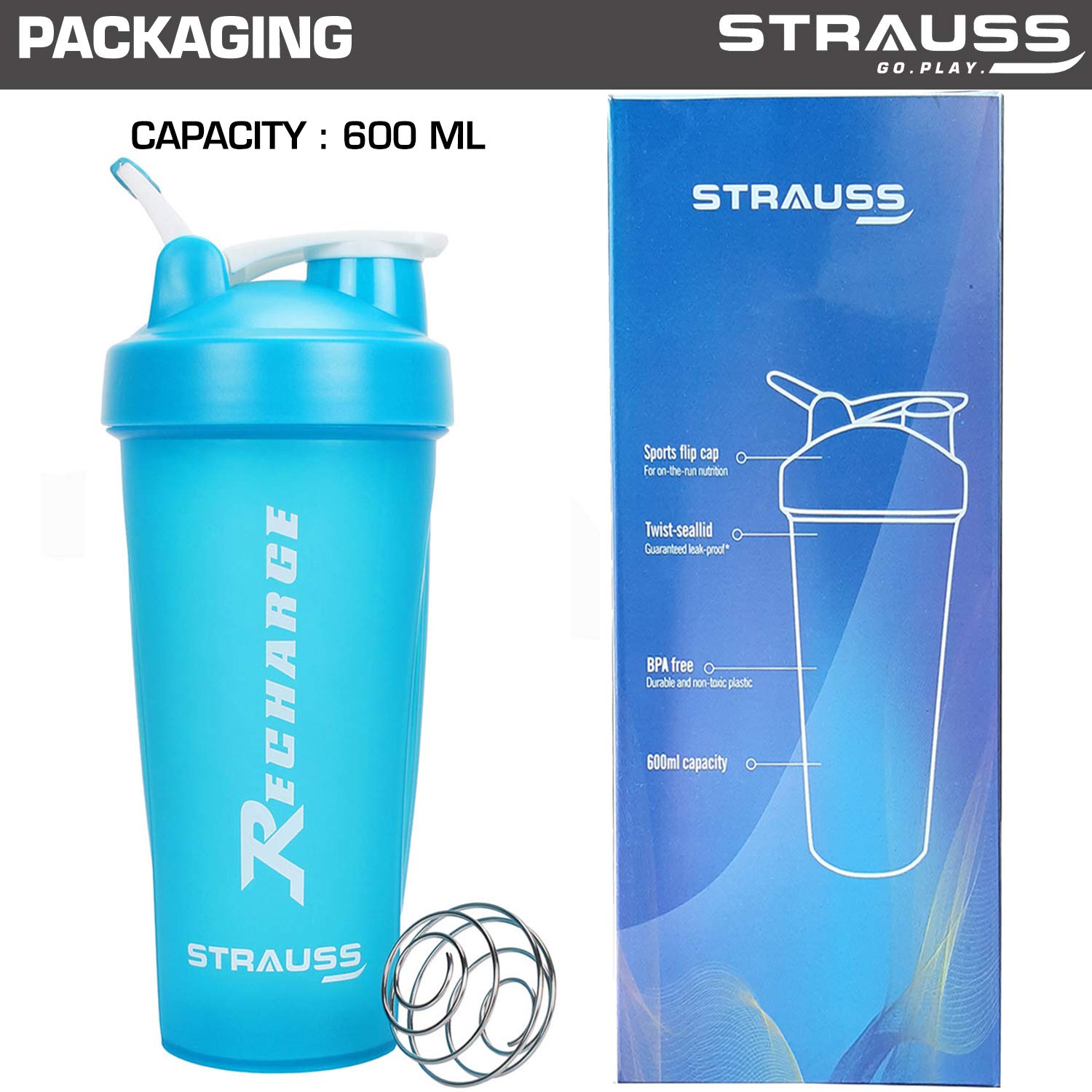 Strauss Recharge Shaker Bottle, 600 ml (Blue)