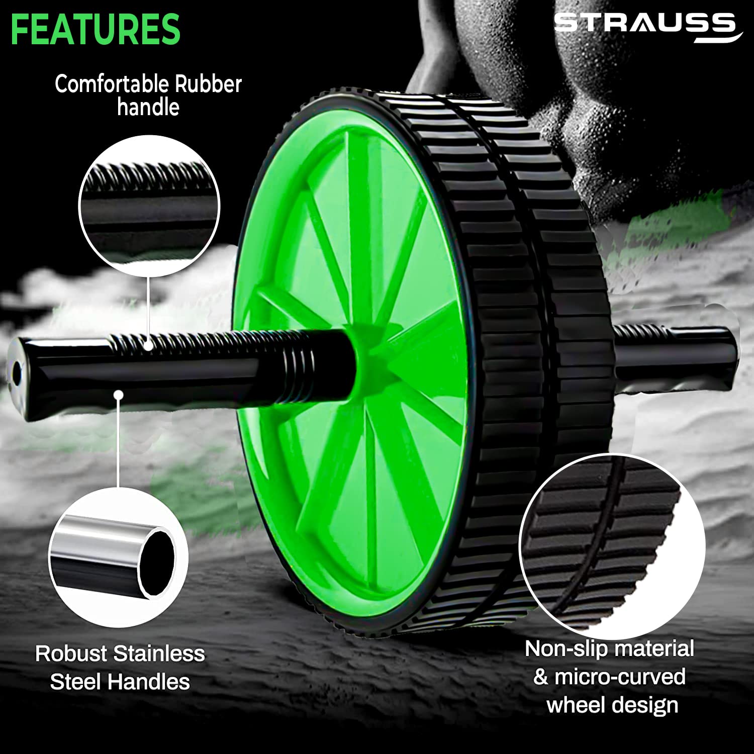 Strauss Premium Exercise wheel Ab Roller with PVC Handles, (Green)