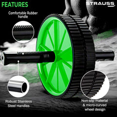 Strauss Double Wheel Ab & Exercise Roller | Anti-Skid Wheel Base, Non-Slip PVC Handles | Ideal for Home, Gym workout for Abs, Tummy, (Green)