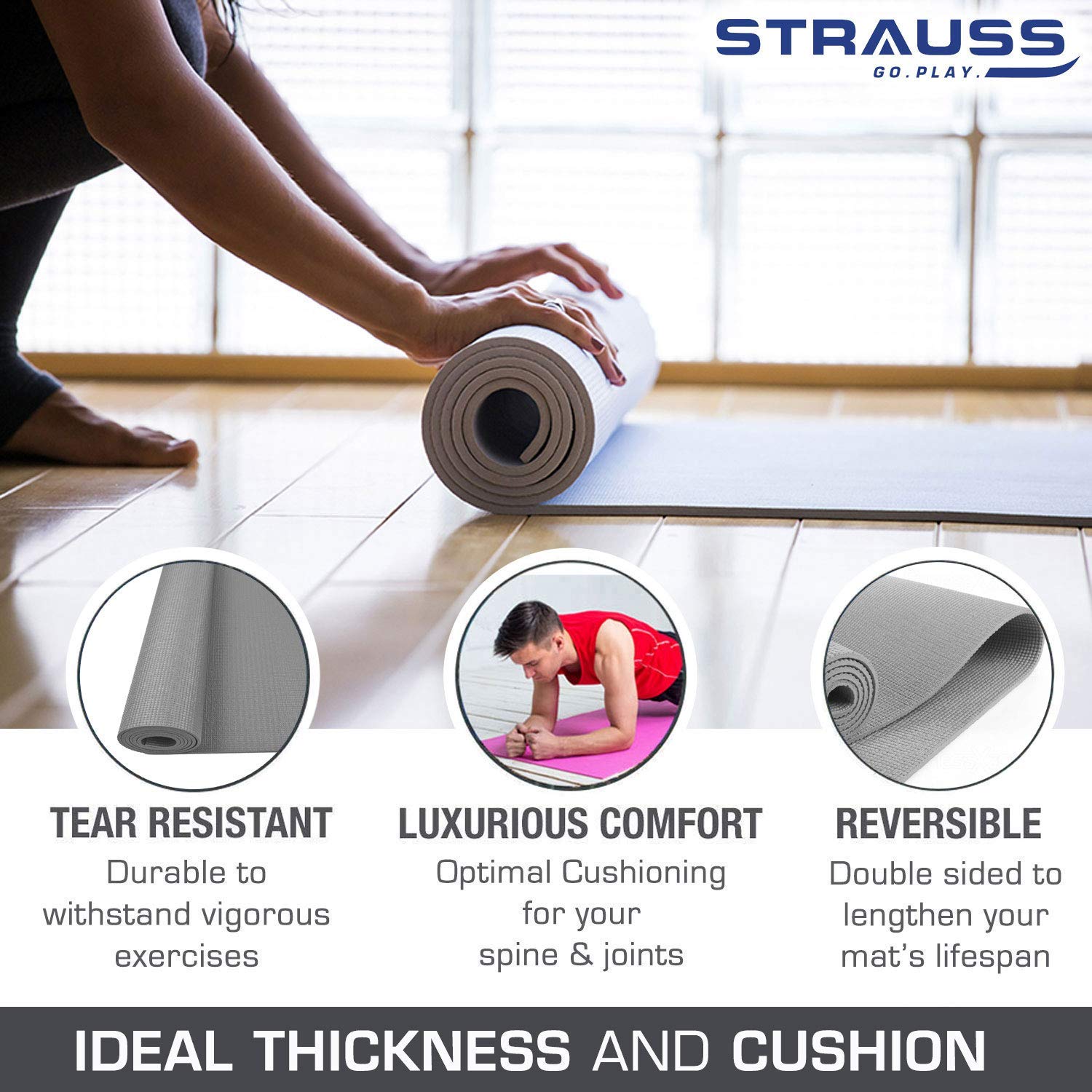 Strauss Yoga Mat, 6mm (Grey) and Anti-Slip Yoga Towel (Purple)