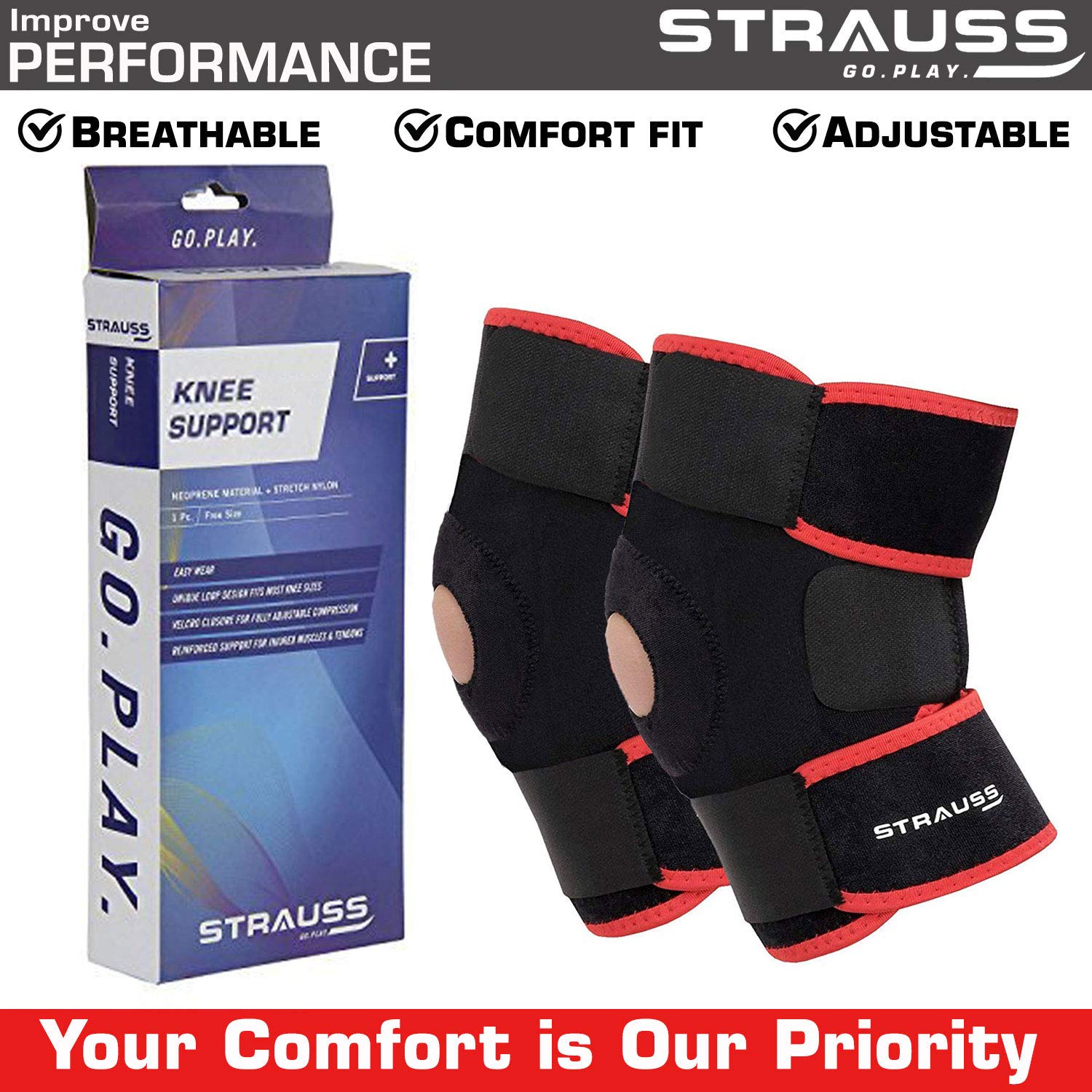 Strauss Adjustable Knee Support Patella, Free Size (Black), Pair With Face Protection Mask, Non Vent, Medium , (Black)