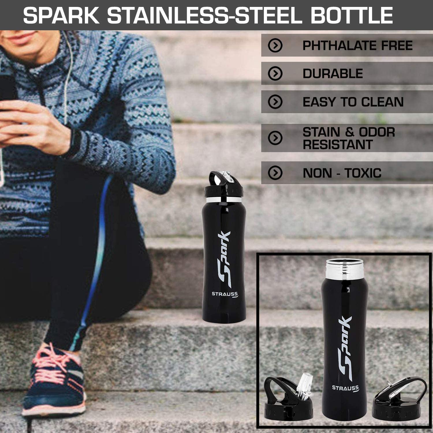 STRAUSS Spark Stainless-Steel Bottle, Metal Finish, 750 ml, (Black)