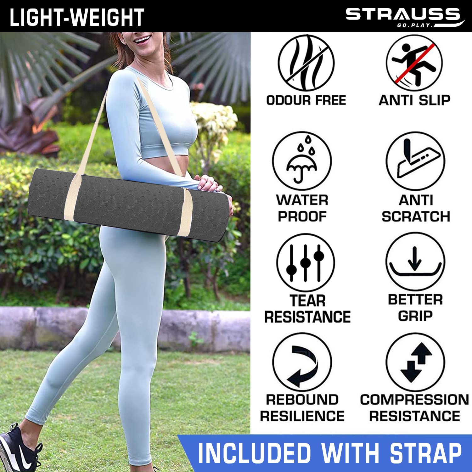 Strauss Anti Skid TPE Yoga Mat with Carry Strap, 6mm, (Black