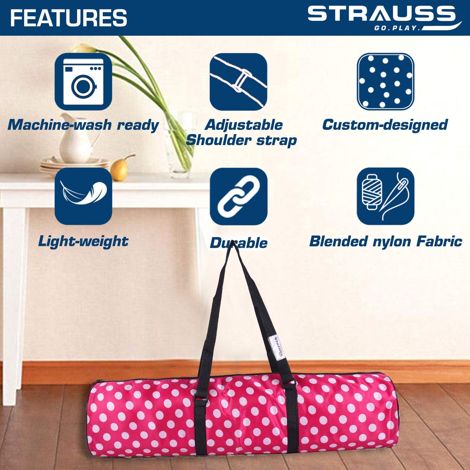 Strauss TPE Eco-Friendly Yoga Mat, 6mm (Purple) and Yoga Mat Bag,Polka Dots Pink (Full Zip)
