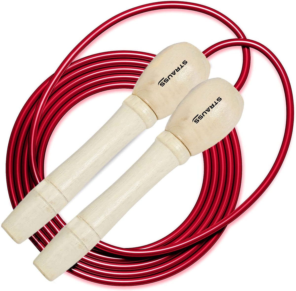 STRAUSS Wooden Skipping Rope – Comfortable Anti-Skid Handles, Smooth Ball Bearing System, Lightweight & Durable for Fitness Training and Exercise (Red)