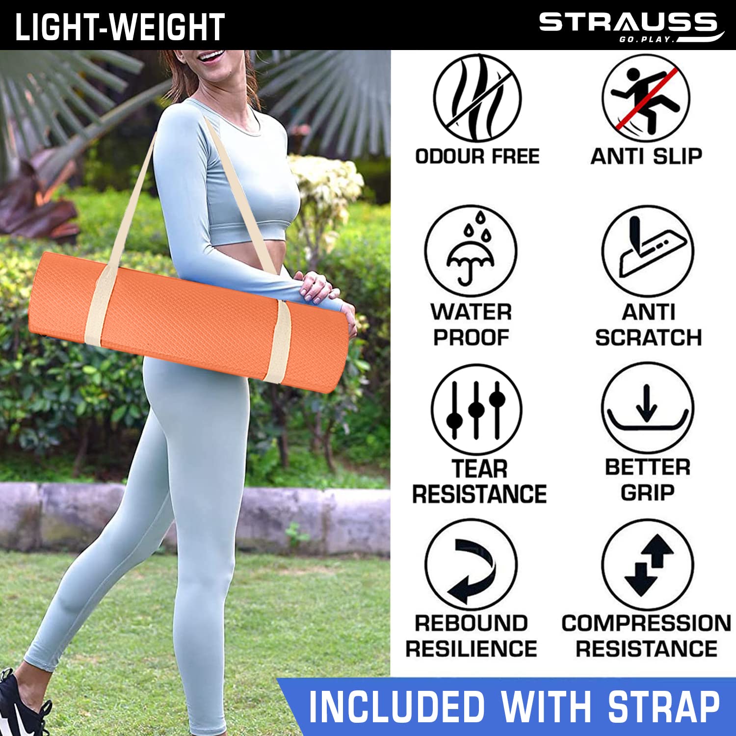 Strauss Anti Skid EVA Yoga Mat with Carry Strap, 4mm, (Orange)