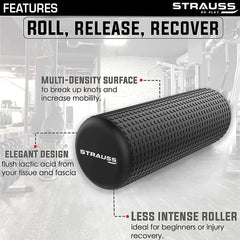 Strauss Yoga Foam Roller | Ideal For Exercise, Muscle Recovery, Physiotherapy, Pain Relief & Myofascial | Deep Tissue Massage Roller 45 Cm, (Black)