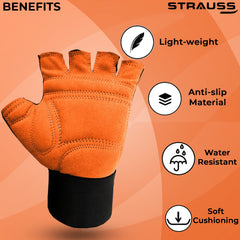 STRAUSS Suede Gym Gloves for Weightlifting, Training, Cycling, Exercise & Gym | Half Finger Design, 8mm Foam Cushioning, Anti-Slip & Breathable Lycra Material, (Black), (Extra Large)