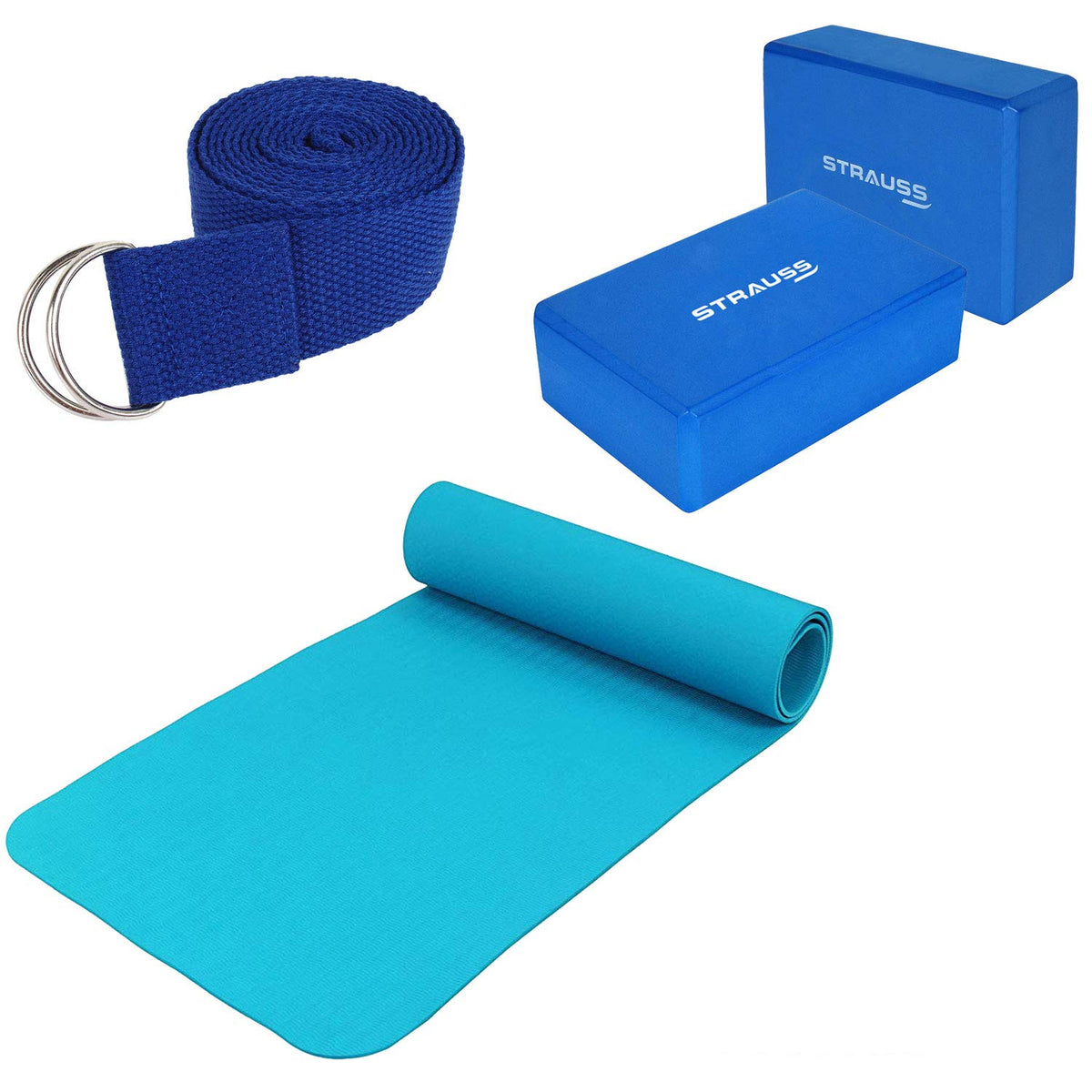 Strauss Lightweight Eco Friendly Yoga Mat 6 mm (Blue), Yoga Block (Navy Blue) Pair and Yoga Belt (Blue)