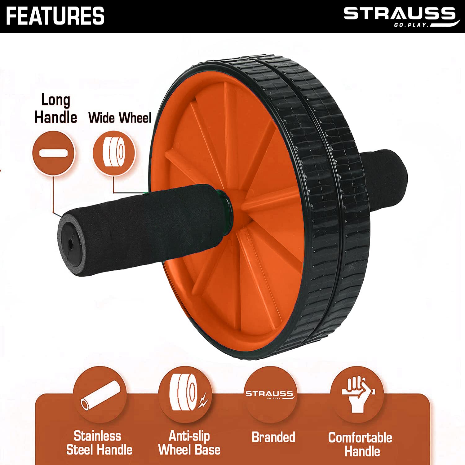 Strauss Premium Exercise Wheel Ab Roller with Foam Handles, (Orange)