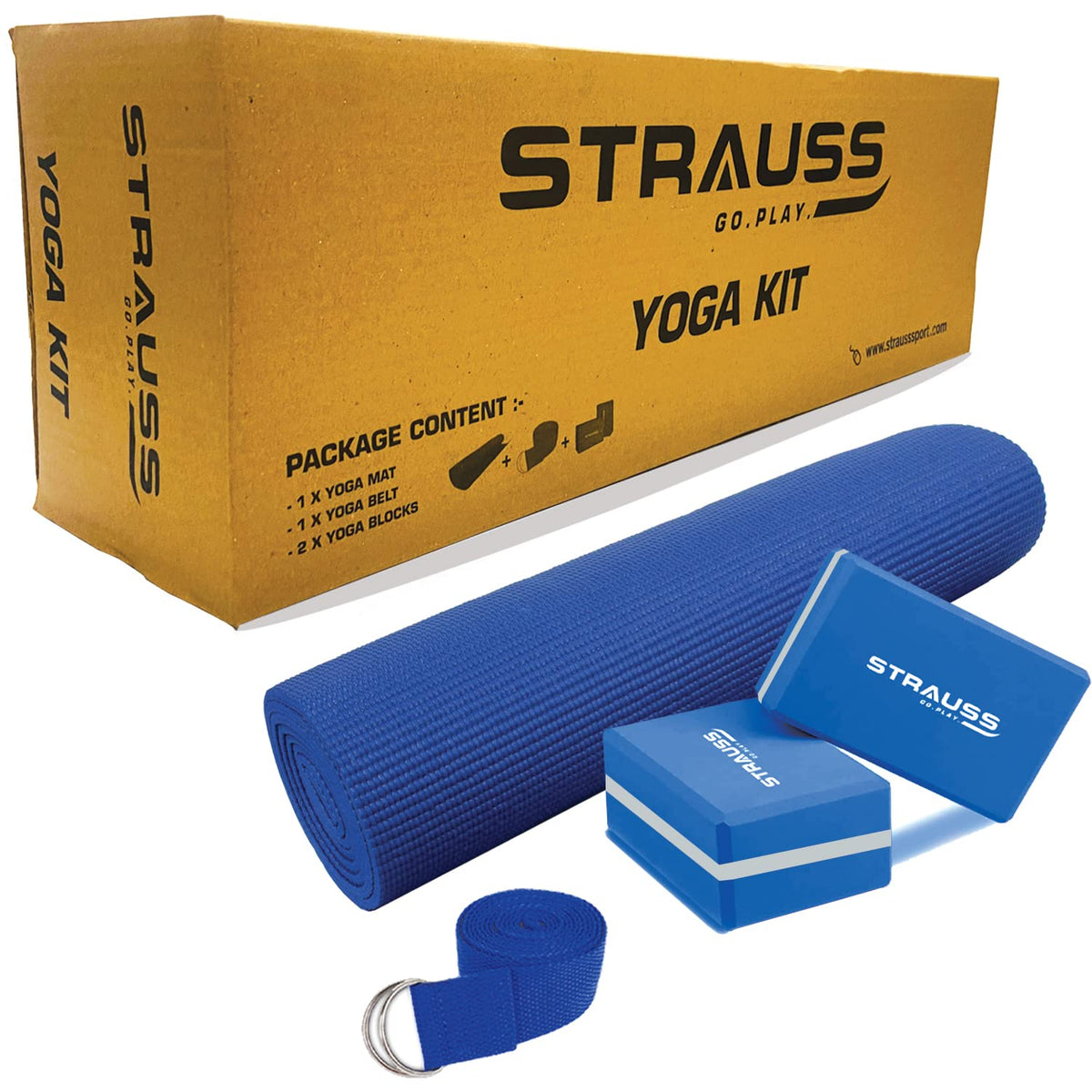 Strauss Yoga Mat 6mm, Blue With Yoga Block Pair and yoga Belt