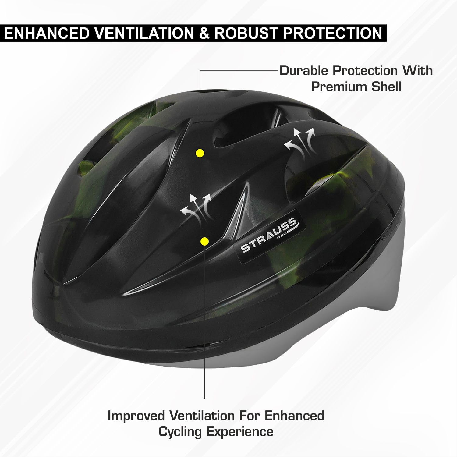 Strauss Cycling Helmet, Elite | Light Weight with Superior Ventilation | Mountain, Road Bike & Skating Helmet with Premium EPS Foam Lining| Ideal for Adults and Kids| Size: Junior,(Black and Green)