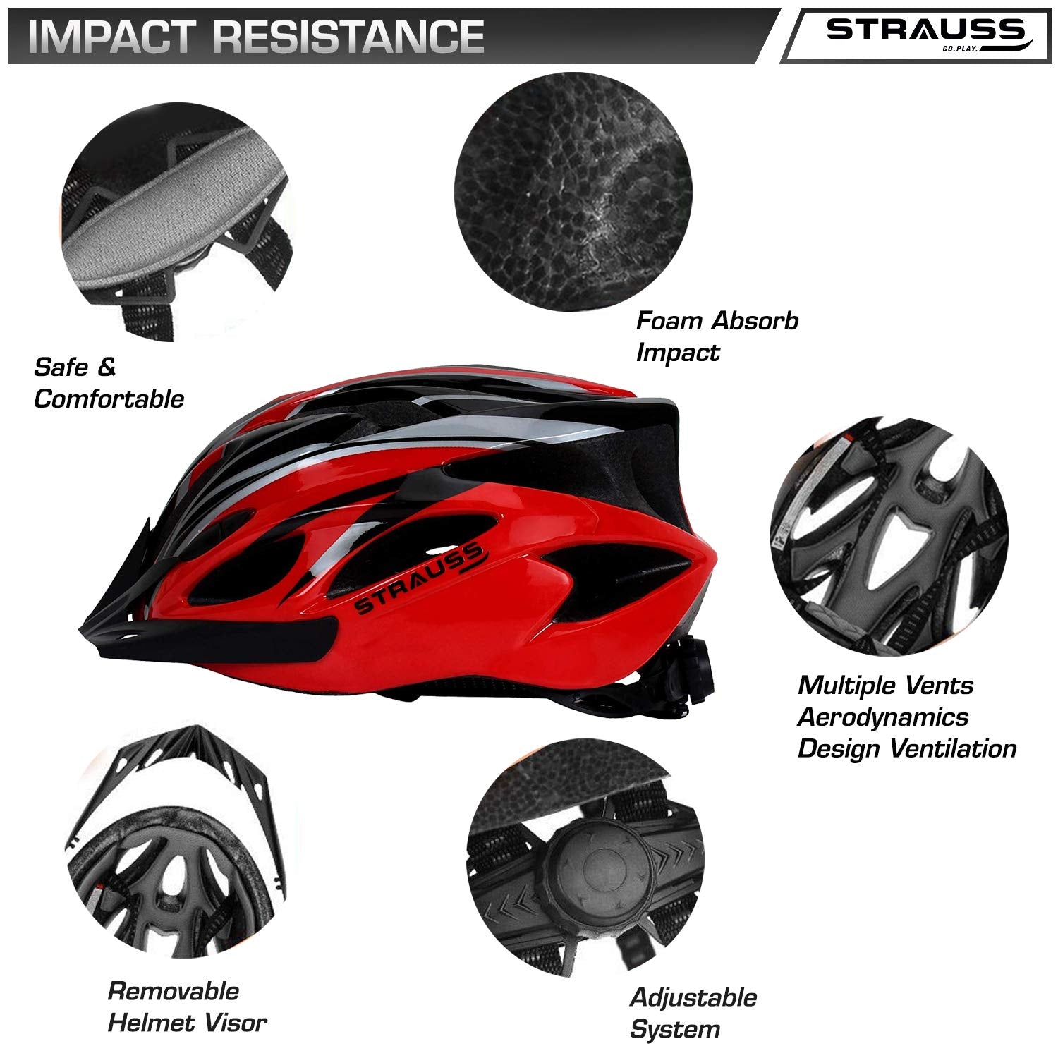 Strauss Adjustable Cycling Helmet with Detachable Visor | Light Weight with Superior Ventilation | Mountain, Road Bike & Skating Helmet With Premium EPS Foam Lining & ABS Shell | Ideal for Adults and Kids, (Black/Red))