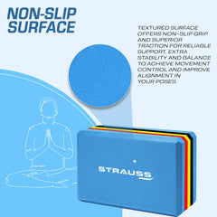 Strauss High Density EVA Foam Yoga Block | Non-Slip Workout Brick For Improving Poses, Balances Flexibility & Support Strength Training Exercises | Yoga Brick To Support and Deepen Yoga Poses,(Blue)