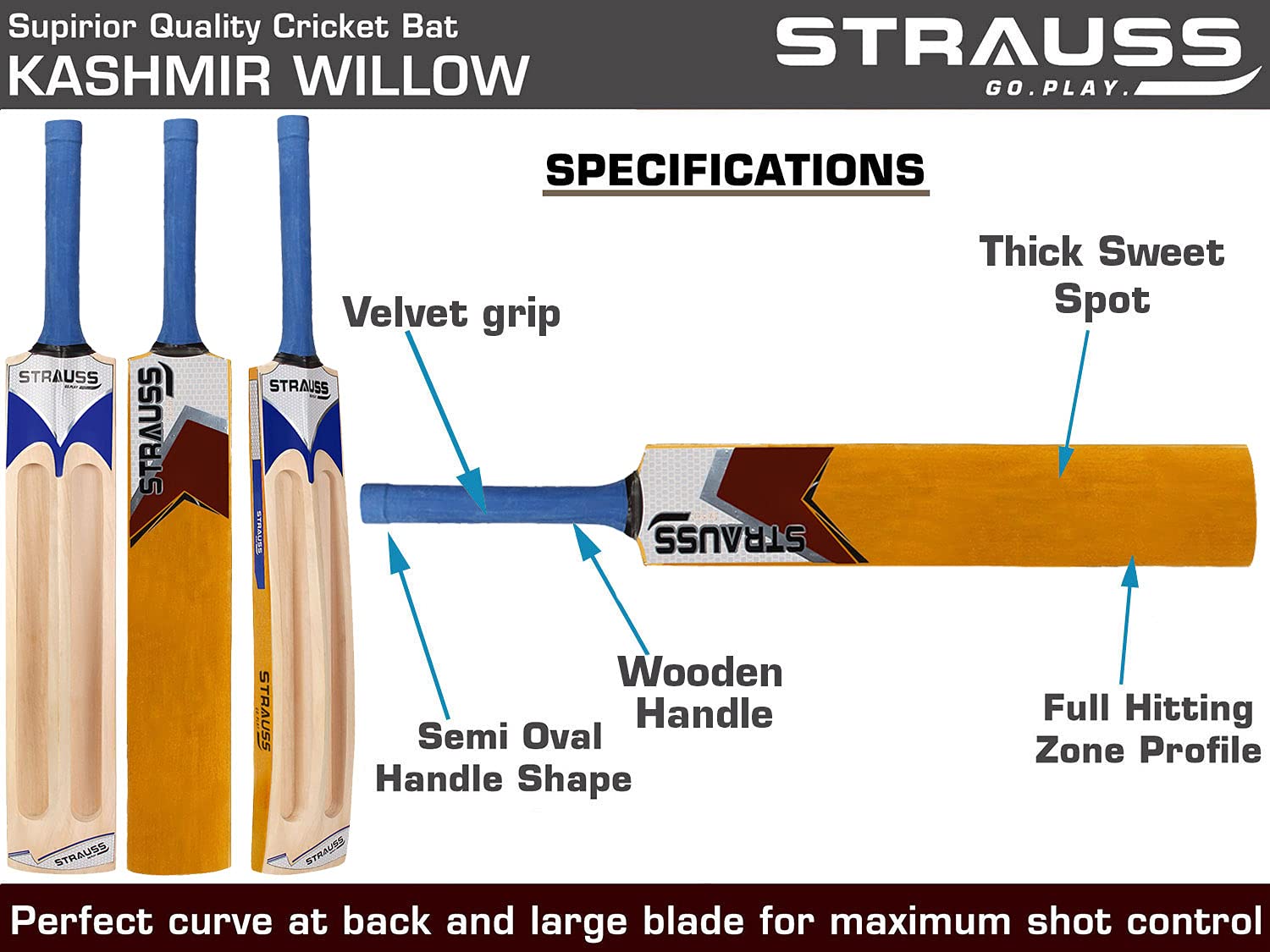 Strauss  Blaster Scoop Tennis Cricket Bat, Half Duco, Yellow, (Wooden Handle)