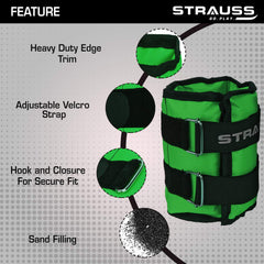 Strauss Adjustable Ankle/Wrist Weights 2 KG X 2 | Ideal for Walking, Running, Jogging, Cycling, Gym, Workout & Strength Training | Easy to Use on Ankle, Wrist, Leg, (Green)