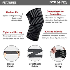 STRAUSS Elastic Knee Compression Bandage Wraps | Support for Ankle, Knee, Elbow Pain Relief, Sports & Workout | Can Be Used For Squats and Powerlifting | Pack of 2,(Black)