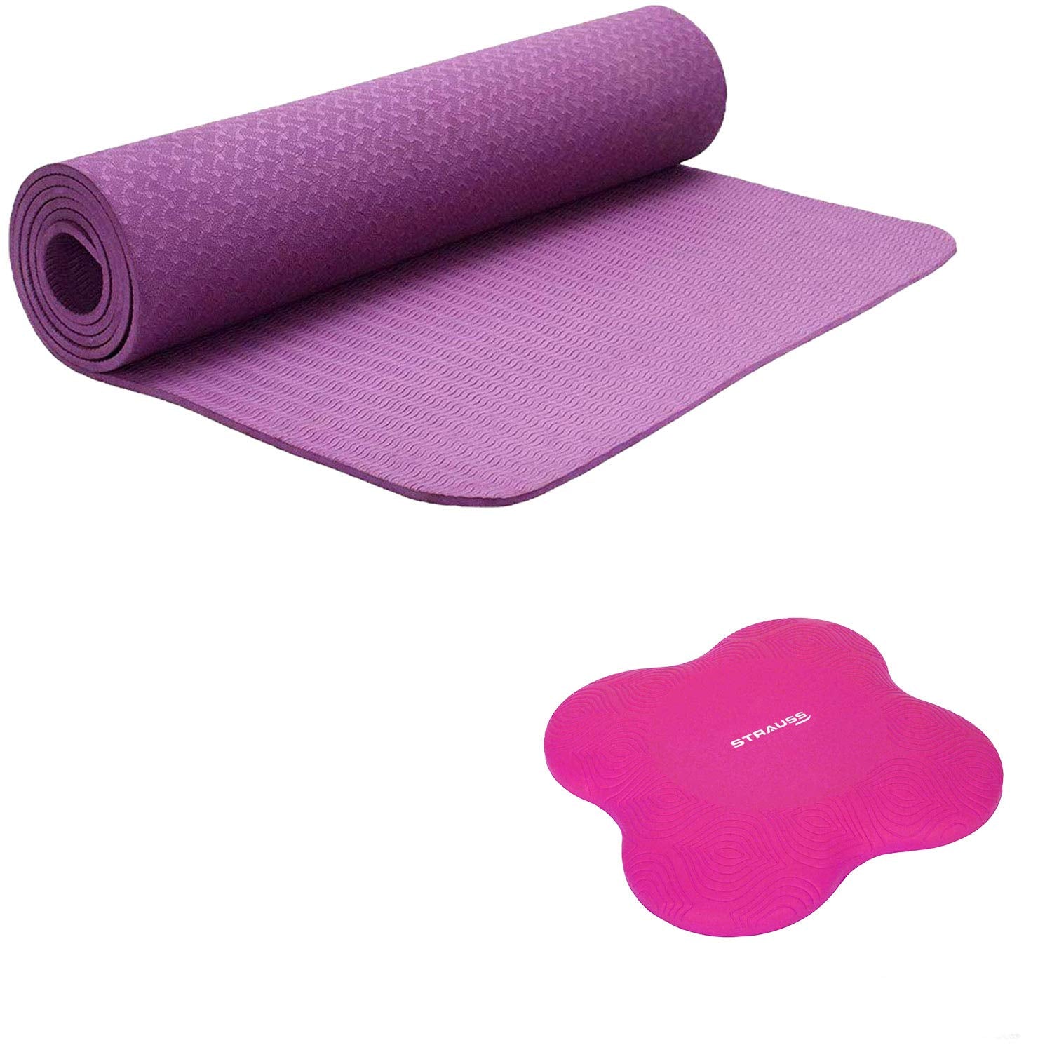 Strauss TPE Eco-Friendly Yoga Mat, 6mm (Purple) and Yoga Knee Pad Cushions, (Pink)