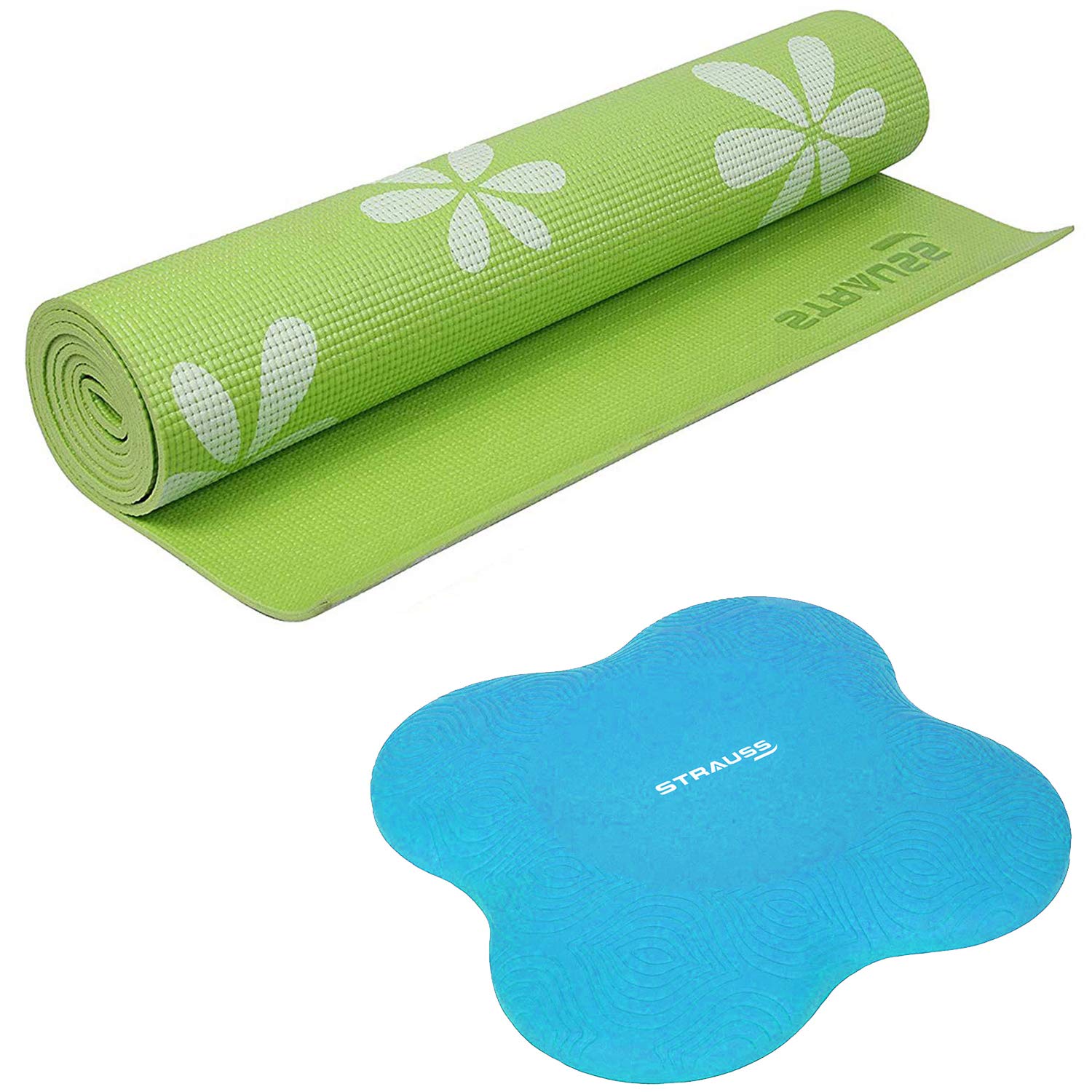 Tesler Strauss Yoga Mat 6MM (Floral Green) and Yoga Knee Pad Cushions, (Blue)