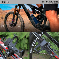 Strauss Bicycle Bottle Holder and No Tools Needed | Portable Carrier Bracket Stand for Cycle Accessories | Expandable & Adjustable Bottle Cage with Upgraded Clamp, (Black)