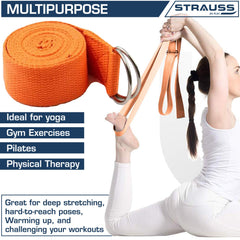 Strauss Yoga Strap & Stretching Belt | Ideal for Yoga, Pilates, Therapy, Dance, Gymnastics & Flexibility | 60% Thicker Belt with Extra Safe Adjustable Metal D-Ring Buckle | Eco-Friendly, 8 feet (Orange)